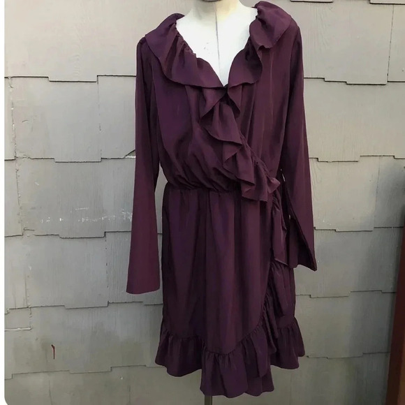 gb x Amanda Uprichard Malia Purple Ruffle Mini Faux Wrap Long Sleeve Dress - Picture 3 of 6